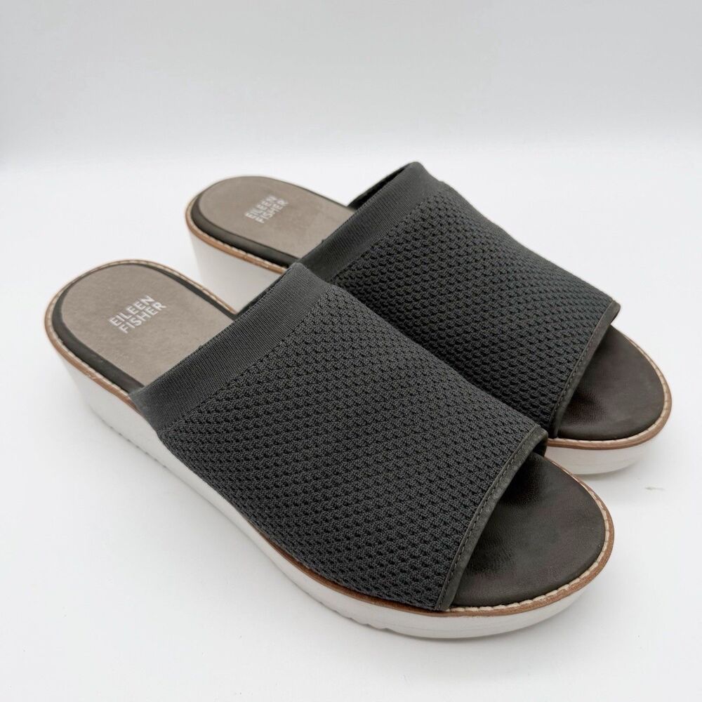 Eileen Fisher Telly Stretch Gray Knit Platform Wedge Sandals Mules Women’s 10